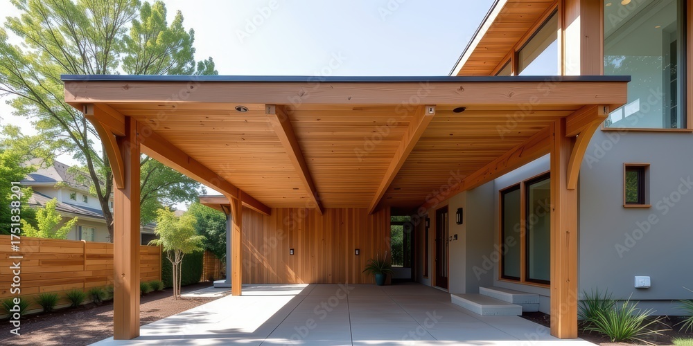 Fototapeta premium Modern wooden carport with sleek architectural design and surrounding greenery.