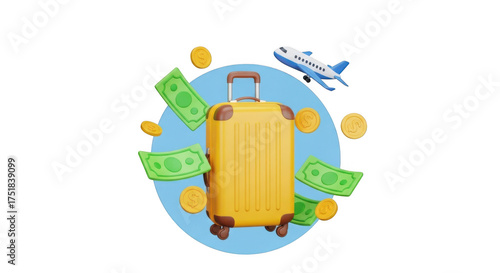 Yellow suitcase with money and airplane isolated on transparent background