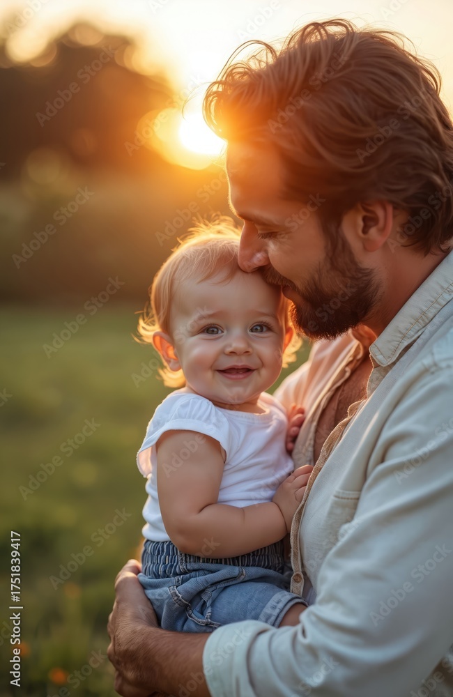Fototapeta premium Happy baby smiles as father kisses forehead outdoors. Golden sunset light illuminates father holding little child. Warm bond shown in this family moment.