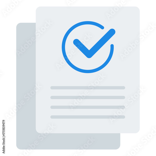 Approved document icon. Certified paper. Validation and confirmation file collection. Flat Icon