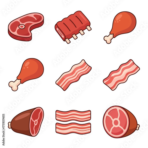 A collection of various raw meat cuts including steak, ribs, chicken legs, bacon, and ham, presented in a flat, cartoonish illustration style.
