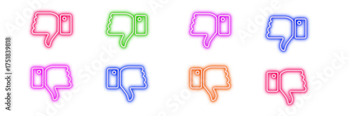 Neon glowing thumbs down vector icons set, dislike symbol, negative feedback gesture, social media button, UI element, vibrant digital design on transparent background.