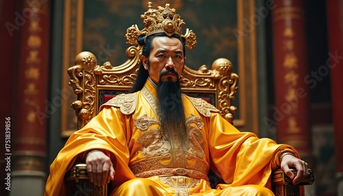Asian emperor in yellow dragon robe sits on ornate golden throne. Man with long black beard and crown looks regal. Man rules from imperial palace in China.