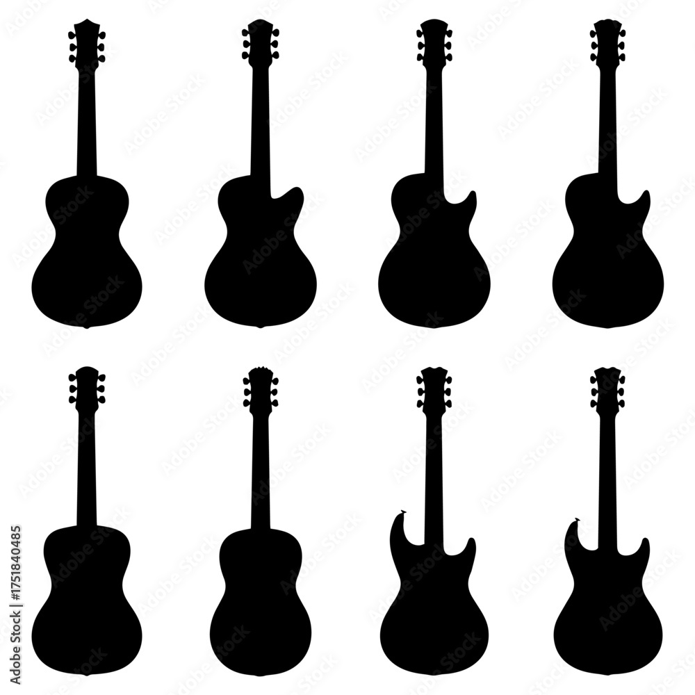 Naklejka premium Vector art of collection of eight black acoustic guitar silhouettes