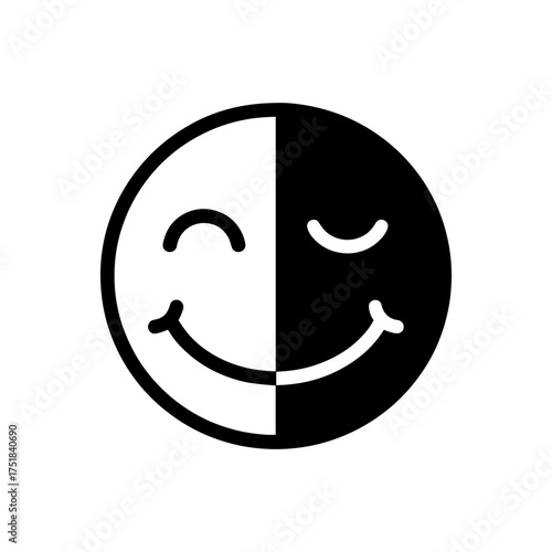 Vector art of split face emoji with happy expression, half black and half white