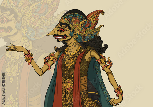 Wayang Golek Character Illustration with Elaborate Headdress and Traditional Attire.