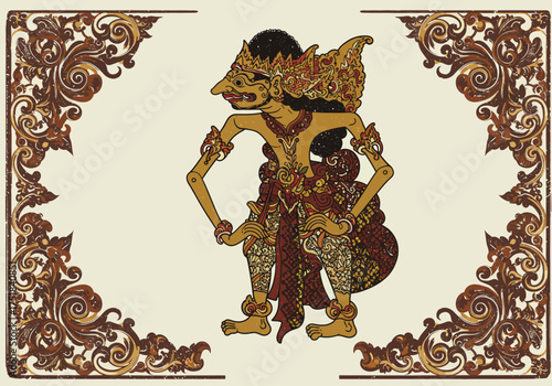 Wayang Kulit Character with Ornate Headdress and Detailed Costume.