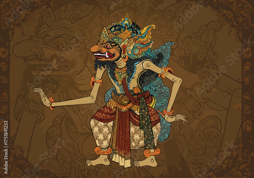 Wayang Kulit Character Illustration with Intricate Details and Traditional Costume.