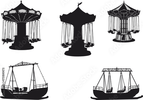 Vintage swing ride and pirate ship silhouette set, amusement park carnival ride collection, funfair attraction vector illustration for children entertainment, retro fairground icons