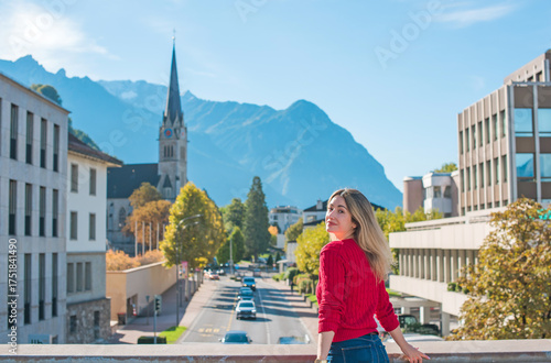 European tourist woman in Liechtenstein Square. Travel Concept