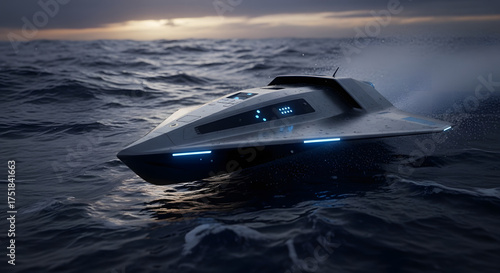 Futuristic hydrofoil boat gliding on ocean waves under dramatic cloudy sky evoking technological