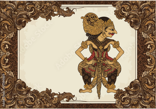 Wayang Kulit Character Illustration with Ornate Frame.