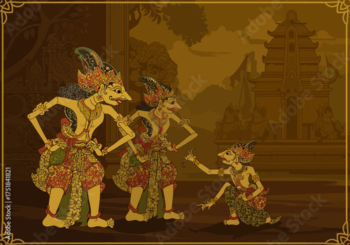 Wayang Kulit Illustration: Traditional Javanese Shadow Puppets Performance Scene.