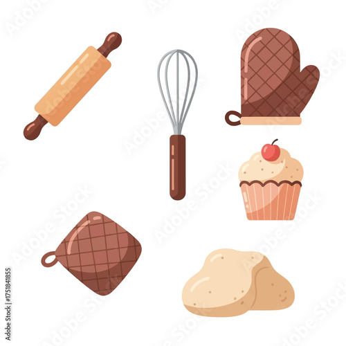 A collection of baking tools and ingredients including a rolling pin, whisk, oven mitt, cupcake, pot holder, and dough.