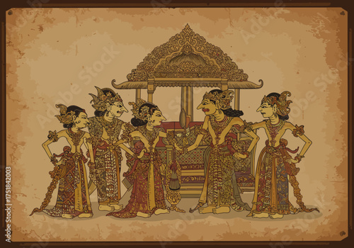 Wayang Kulit Illustration: Traditional Javanese Shadow Puppets and Carriage.