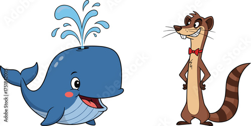 Cartoon whale and weasel characters, cute animal illustration, children’s content, playful design, white background, vector art, educational media