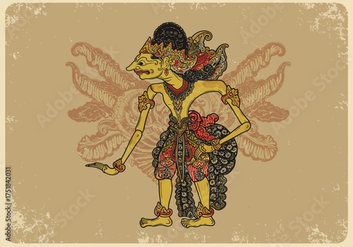 Wayang Kulit Character Illustration with Traditional Javanese Design Elements.