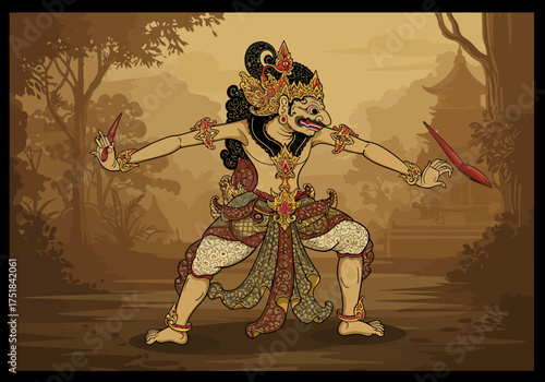 Balinese Demon Character Illustration with Traditional Costume and Weapons.