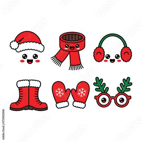 Christmas Accessory Vector Set with Santa Hat Scarf Earmuffs Boots Mittens and Antler Glasses Characters