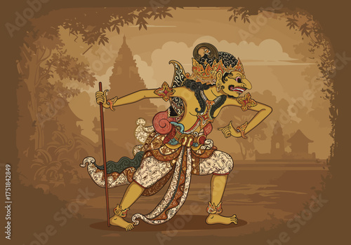 Wayang Kulit Character Illustration with Traditional Indonesian Design Elements.