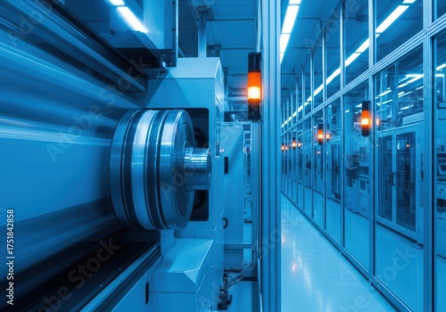 Wallpaper Mural Closeup of a large industrial machine with a spinning component in a bluelit factory setting Torontodigital.ca