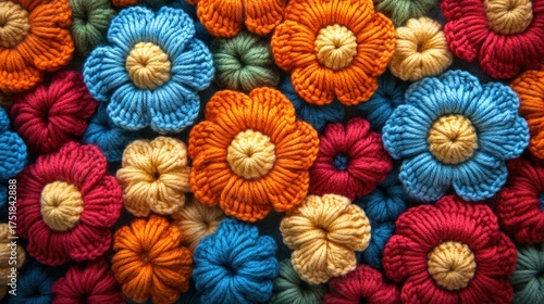 Crochet flower pattern background, vibrant colors, close-up