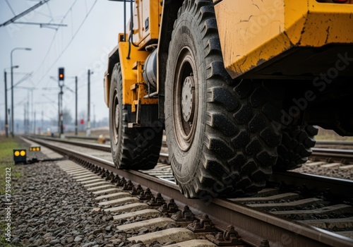 Closeup of a large yellow construction vehicles heavy tires on train tracks