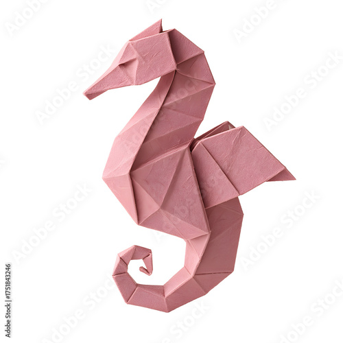 Pink Origami Seahorse Paper Art on White Background
