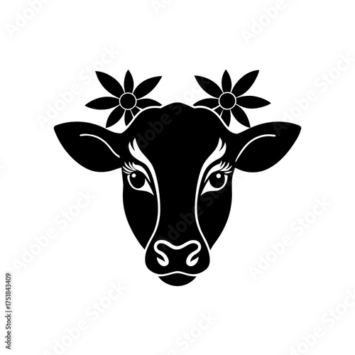 Cow face with flowers on its head on transparent background silhouette