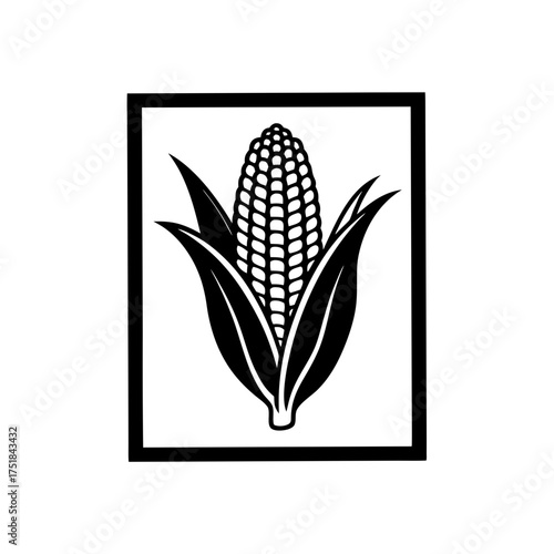 Black corn cob in a black square box on transparent background silhouette