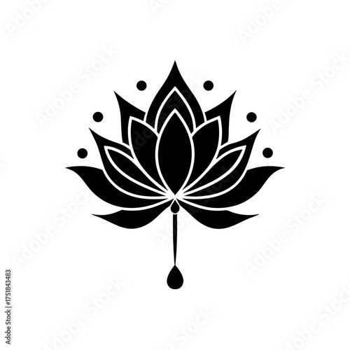 Simple black lotus flower design art on transparent background silhouette
