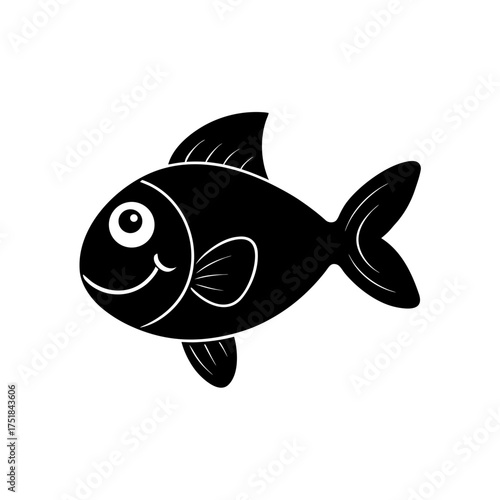 Illustration of a cartoon black fish on transparent background silhouette