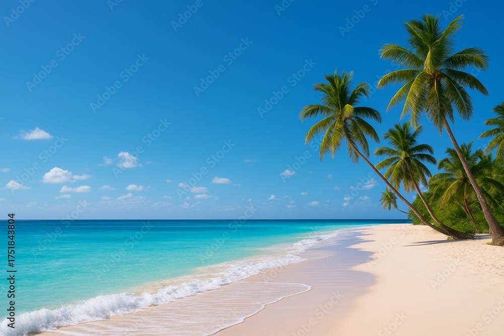 Fototapeta premium Azure Paradise: A pristine beach scene featuring gentle waves caressing a sandy shore, complemented by the swaying elegance of palm trees and an expansive blue sky.