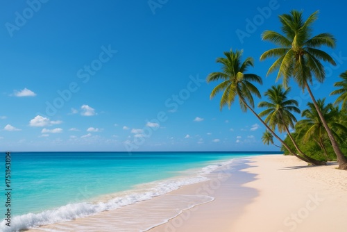 Azure Paradise: A pristine beach scene featuring gentle waves caressing a sandy shore, complemented by the swaying elegance of palm trees and an expansive blue sky.