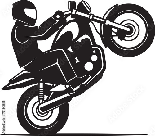 A dynamic silhouette of a biker performing a wheelie, symbolizing thrill and extreme sports.