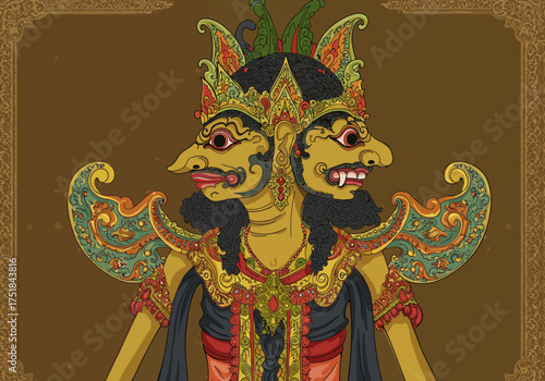 Two-Headed Wayang Golek Puppet with Ornate Headdress and Traditional Costume.