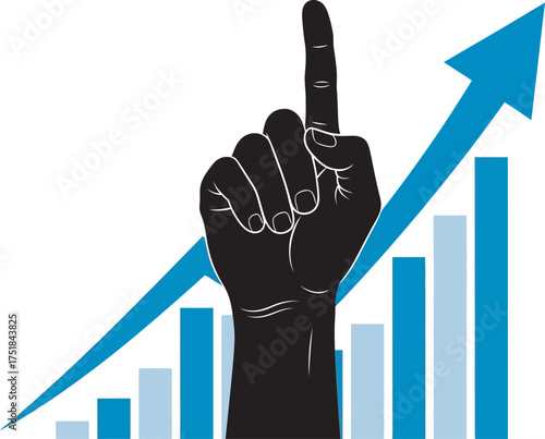 Hand pointing upwards with a rising blue arrow and bar graph – symbolizing business growth and financial achievement