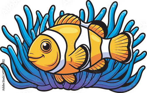 Cartoon clownfish swimming in vibrant blue coral, an adorable underwater scene.