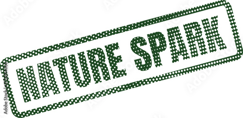 A distinctive green dotted rubber stamp impression showcasing the words NATURE SPARK against a pristine white backdrop