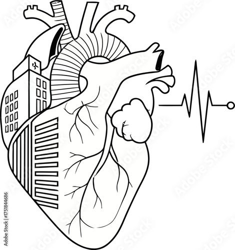 Heart of the city concept illustration. Surreal art of an anatomical heart merged with a cityscape and EKG line