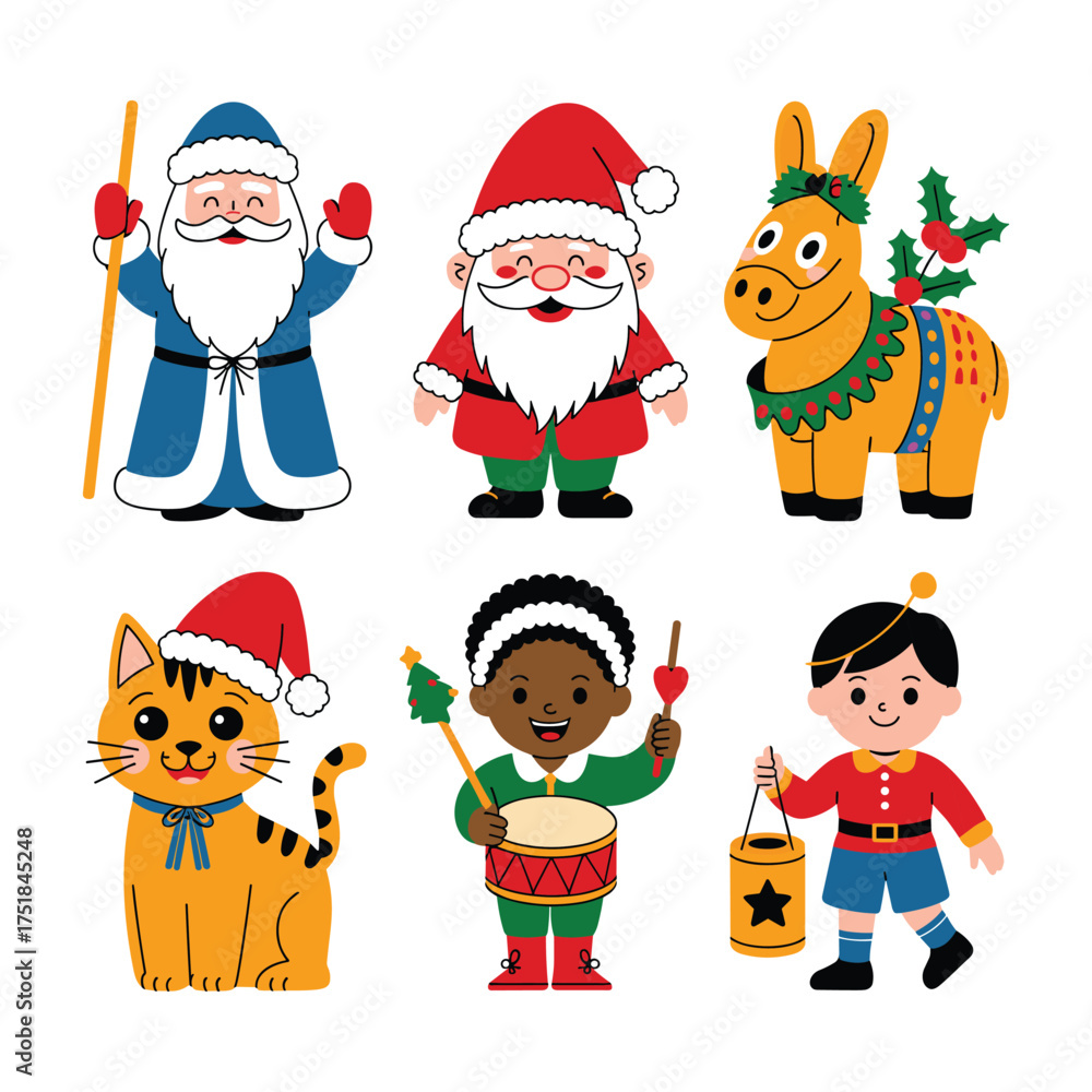custom made wallpaper toronto digitalChristmas Character Vector Set with Santa Donkey Cat Diverse Children and Festive Outfits
