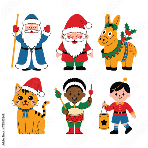Wallpaper Mural Christmas Character Vector Set with Santa Donkey Cat Diverse Children and Festive Outfits Torontodigital.ca