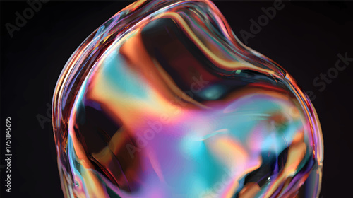 Abstract close-up of a colorful, reflective glass surface on black background.