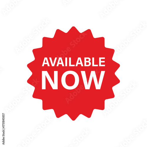 Red Starburst "Available Now" Icon: Promotional Vector Badge for New Product Launch, E-commerce, Sale, and Immediate Availability