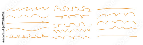 Hand-Drawn Orange Line Set: Sketchy Doodle Underline Borders for Marker Annotations, Wavy Design Elements, and Text Highlights