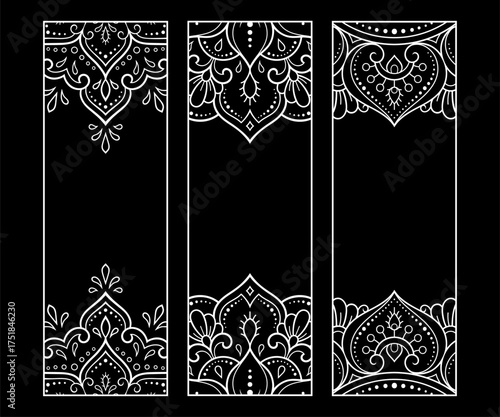 Printable bookmark for book - coloring. Set of black and white labels with flower patterns, hand draw in mehndi style. Sketch of ornaments for creativity of children and adults with colored pencils.