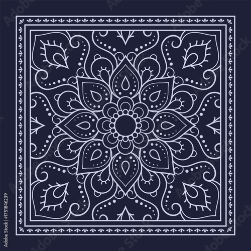 Circular pattern in form of mandala with flower for Henna, Mehndi, decoration. Blue decorative ornament in ethnic oriental style for a bandana. Outline doodle hand draw vector illustration.