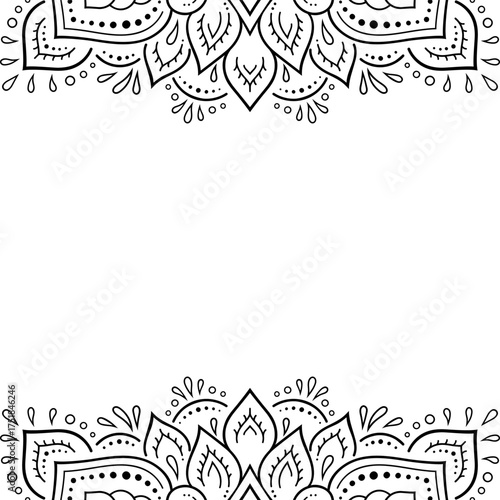 Frame in eastern tradition. Stylized with henna tattoos decorative pattern for decorating covers for book, notebook, casket, magazine, postcard and folder. Flower border in mehndi style.