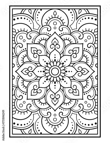 Outline floral pattern in mehndi style for coloring book page. Antistress for adults and children. Doodle ornament in black and white. Hand draw vector illustration.
