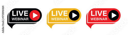 Live Webinar Tag Set: Modern Red, Yellow, and Black Streaming Labels with Play Button for Online Video, Broadcast, and Event Marketing